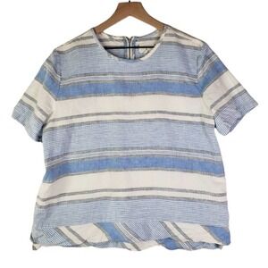 Lou & Grey Linen Blend Boxy Shirt L Blue‎ Ivory Grey Stripe Short Sleeve